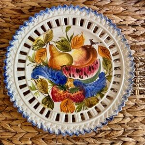 Bassono Hand-Painted Fruit Ceramic Plate with Blue Trim